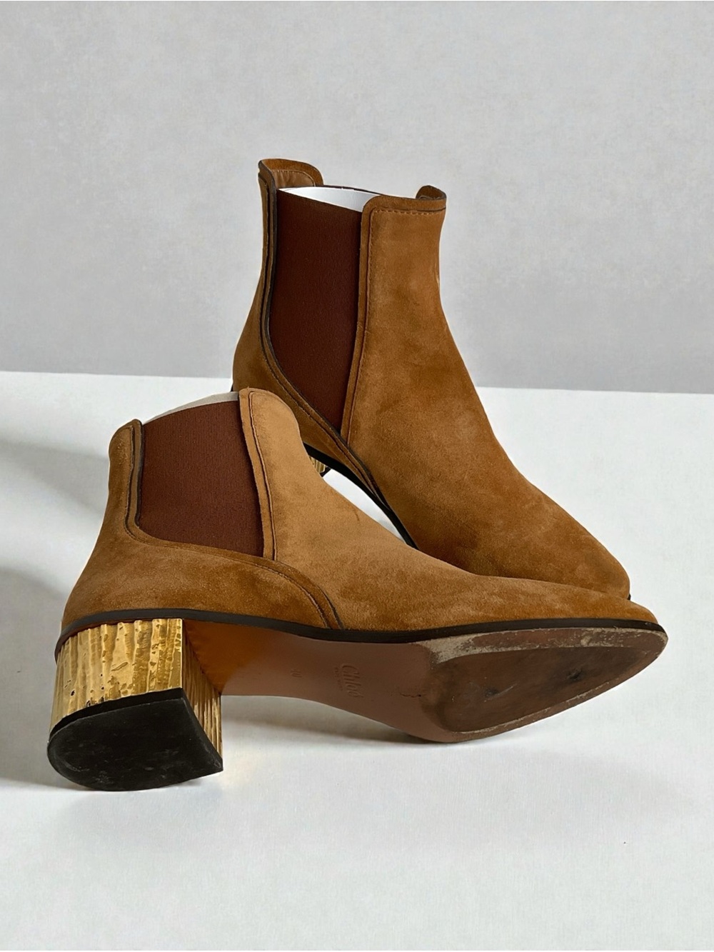 Chloé Tan Suede Chelsea Booties with Sculpted Block Heel